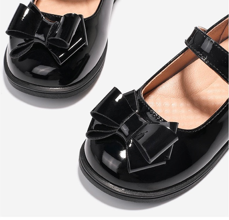 Tassel Bow School Shoes for Girl -Black Leather Flats
