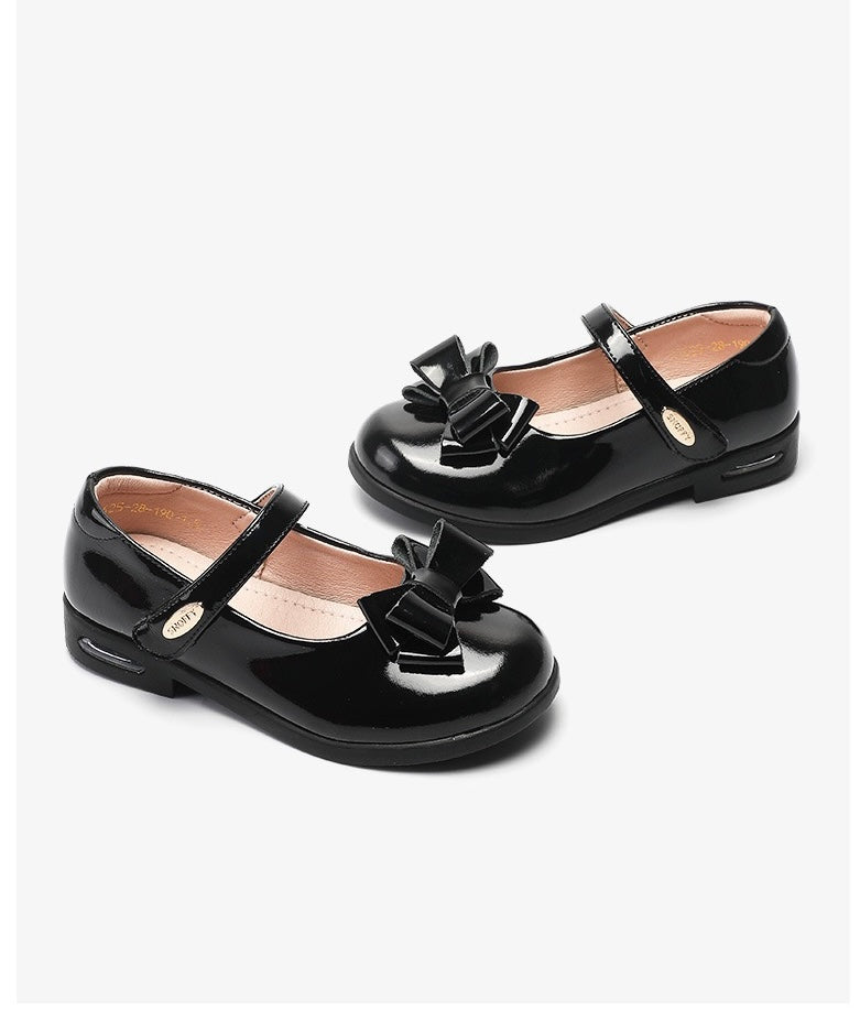Tassel Bow School Shoes for Girl -Black Leather  Flats