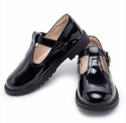 Girls’ Black Patent T-Bar School Shoes with Arch Support