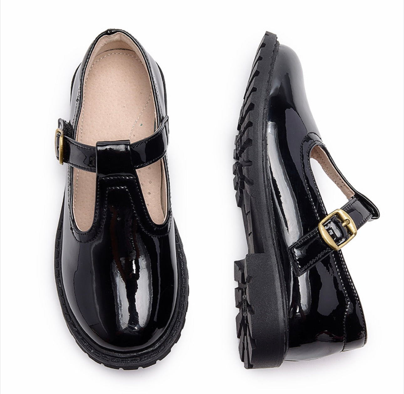 Girls’ Black Patent T-Bar School Shoes with Arch Support