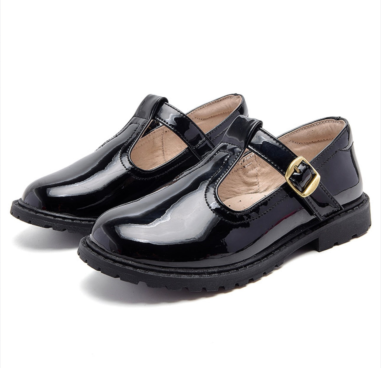 Girls’ Black Patent T-Bar School Shoes with Arch Support