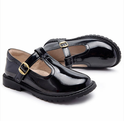 Girls’ Black Patent T-Bar School Shoes with Arch Support